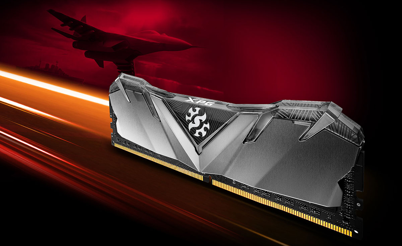 A memory moduel with transparent black top is against a background of lightning tracks and a plane in the sky.