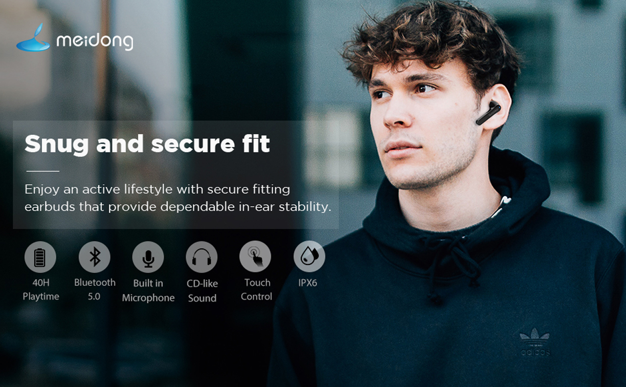 True Wireless Earbuds, Meidong Bluetooth Earbuds Headphones V5.0