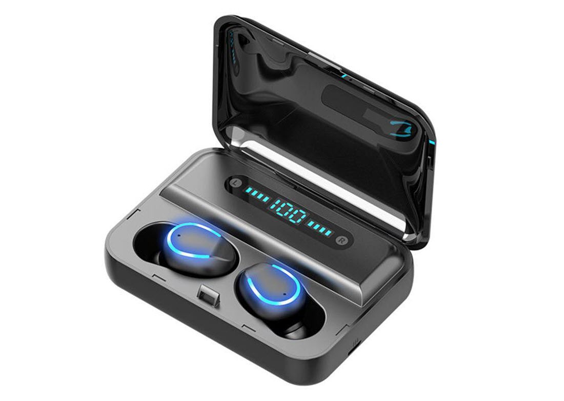 True Wireless Earbuds with its charging case opened angled to left