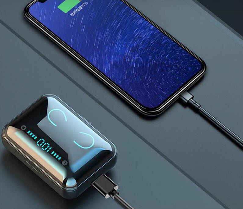 True Wireless Earbuds charging case connected to a smartphone