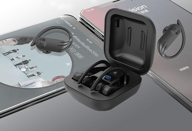 True Wireless Earbuds inside the charging case above three smart phones