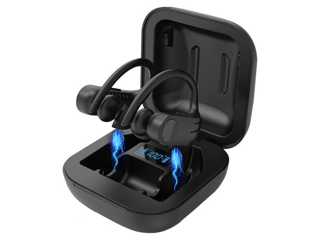 True Wireless Earbuds with its charging case opened angled to left