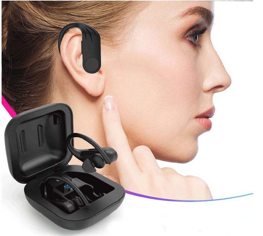 a woman wearing the earbud on her right ear is about to adjust volume with her finger