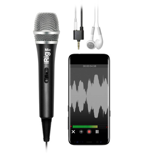 iRig Mic Next to an iPhone with recording software on screen, the in-ear earbuds and headphone adapter jack that has the charging cable and 8mm port
