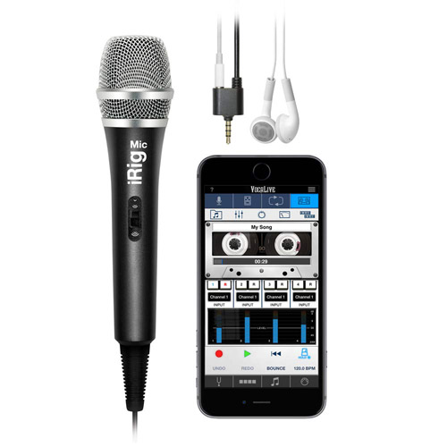 iRig Mic Next to an iPhone with VocaLive on screen, the in-ear earbuds and headphone adapter jack that has the charging cable and 8mm port