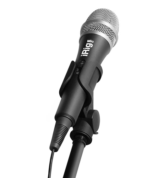 iRig Mic Angled Up to the Right Attached to a Mic Stand