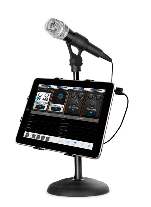 iRig Mic on a Mic Stand with a Tablet mounted to the stand and connected to the mic via cable