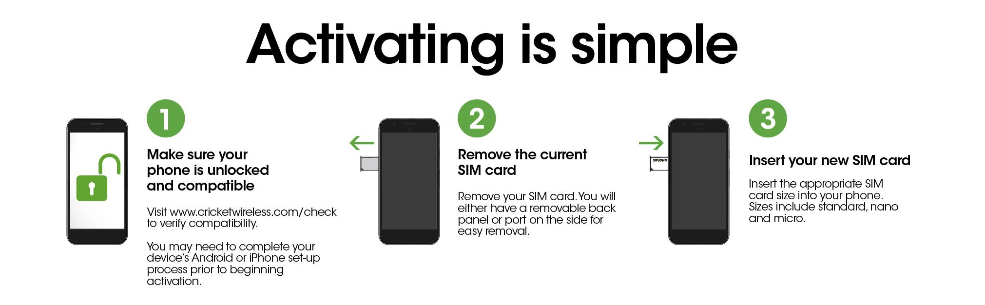 Activating is simple. 1. Make sure your phone is unlocked and compatible. 2. Remove the current SIM card. 3. Insert you new SIM card.
