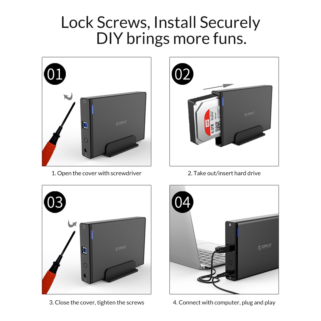 ORICO Case Esterno Disco Rigido 3.5 USB C a SATA Custodia per HDD e SSD SATA da 2.5/3.5 pollici, supporta UASP e drive da 20TB, adattatore corrente 12V/2A incluso (DDL35-C3