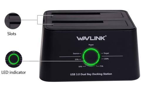  WAVLINK USB C to Dual Bay SATA Adapter,Hard Drive Convertor  with 2 USB 3.0 Ports for External 3.5/2.5 Inch SSD HDD SATA III, Support  UASP, Offline Cloning, 2 x 18 TB,LED,Included
