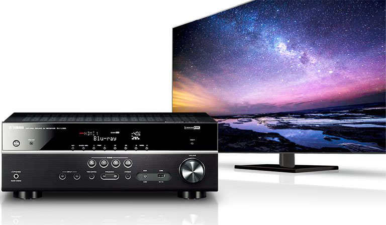 YHT-4950U 5.1-Channel Home Theater System facing forward and TV side view