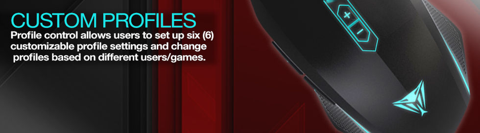 Text that reads: CUSTOM PROFILES - Profile control allows users to set up six customizable profile settings and change profiles based on different users/games. The Viper V530 Gaming Mouse is to the right right of text, laying flat angled up to the left while it lays flat