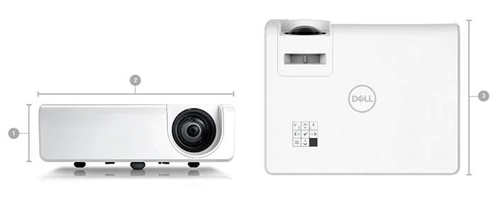 Two shots of the Dell S518WL facing forward and facing up, showing its top panel