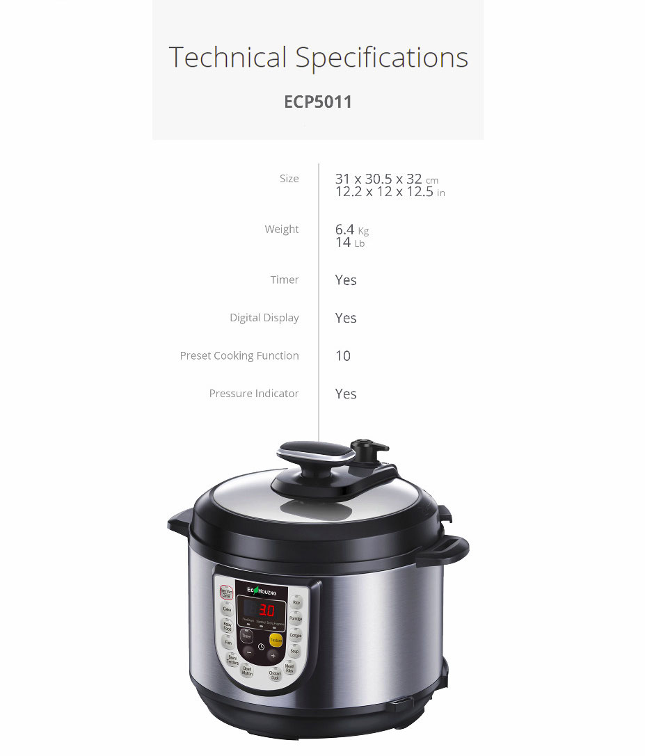  List of technical specifications, with front right side angle view of the pressure cooker  