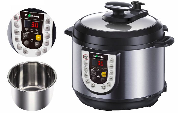  Top front view of the ECP5011 pressure cooker. Next to it on the left is closeup of the LED display and buttons, and the inner pot  