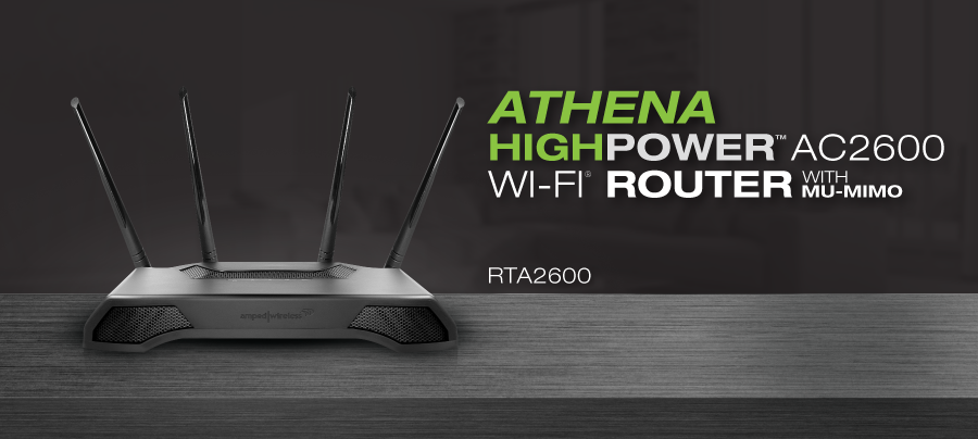 ATHENA HIGH POWER RTA2600 AC2600 WIFI ROUTER WITH MU-MIMO facing forward on a gray countertop