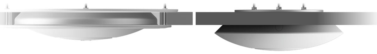 Side profile shot of the Ubiquiti access point mounted low-profile and another one in basic mounting that's sticking out more