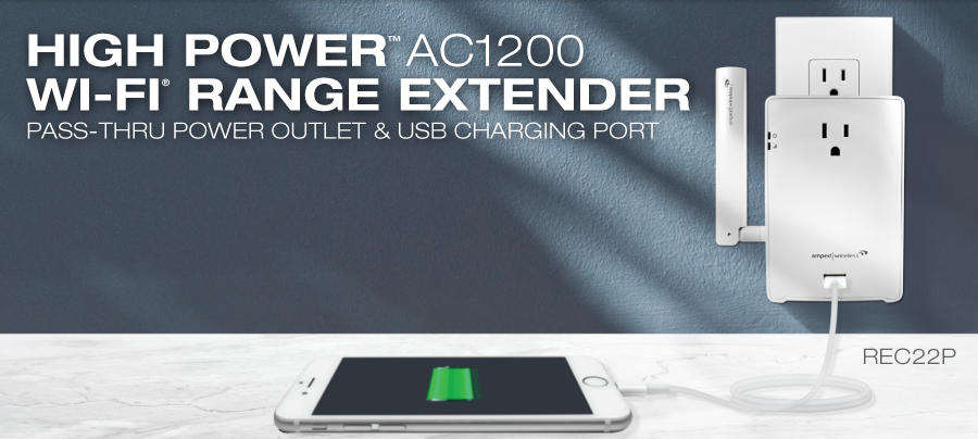 HIGH POWER AC1200 WIFI RANGE EXTENDER PASS-THRU POWER OUTLET & USB CHARGING PORT REC22P-CA in a wall socket connected to a smartphone for charging