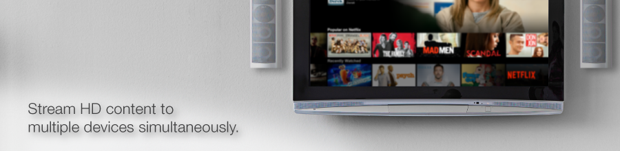 A mounted TV with the Netflix homepage, along with text that reads: Stream HD content to multiple devices simultaneously