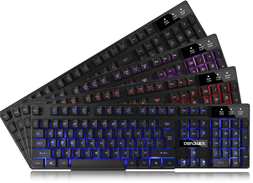  Four keyboards stacked together, arranged in a sector shape. Each keyboard is illuminated with different color backlight, from top to bottom: blue, red, purple, and backlight off  