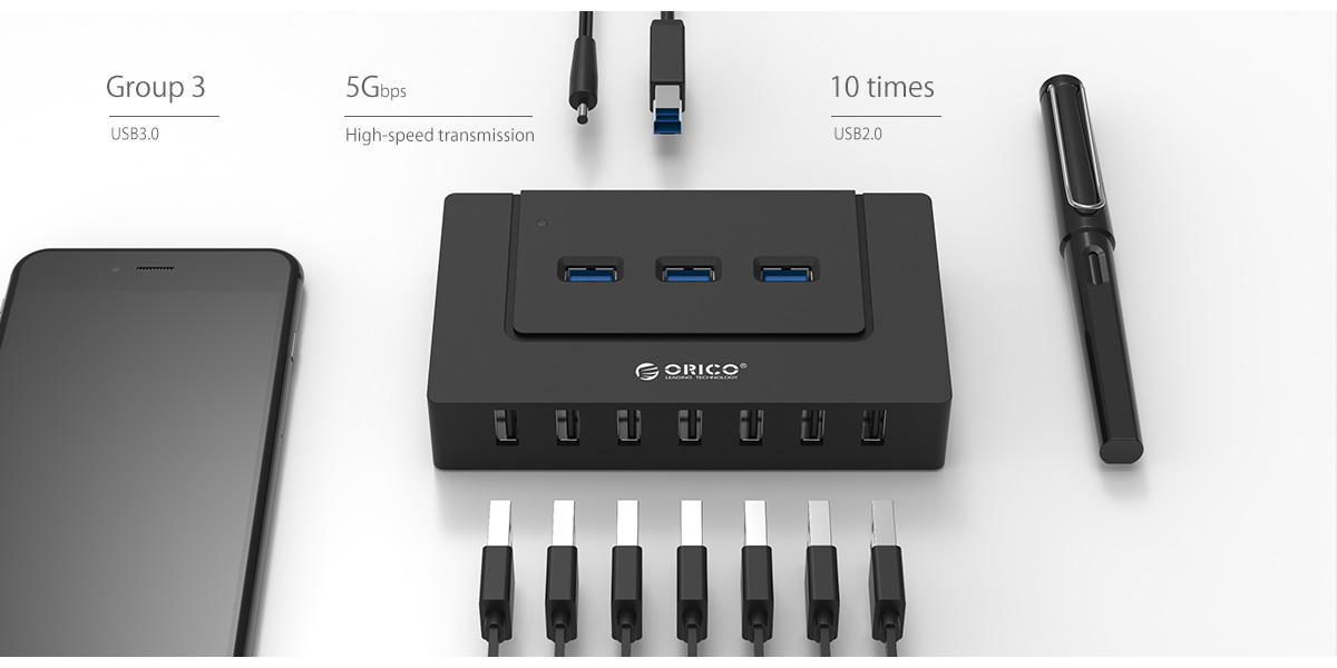 Orico USB Port Next to a Smartphone, USB Cables, a Pen, Power Cables