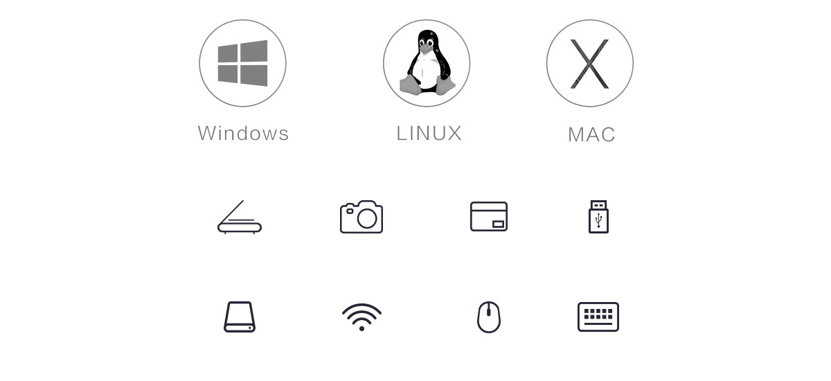 Icons for Windows, Linux, mac, Record Player, Camera, USB drive, Hard Drive, WiFi, Mouse and Keyboard