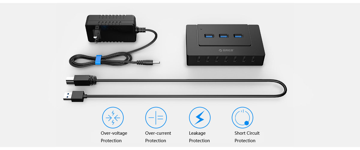 Orico Hub Angled Down Next to a USB cable, AC adapter and icons + text that indicate: over-voltage protection, over-current protection, leakage protection and short-circuit protection