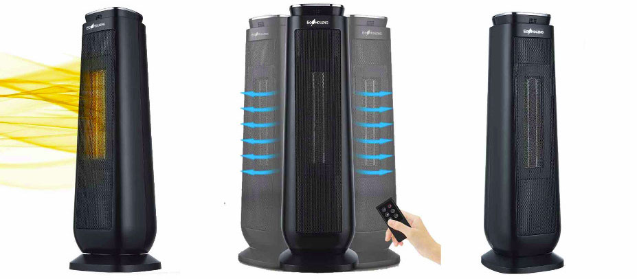   At left is the ECH3019 delivering heat air to the left. In middle is the ECH3019 delivering cool air in oscillation mode, with the remote held by a hand in front of it. At right is the ECH3019 in standing position, facing to the right 