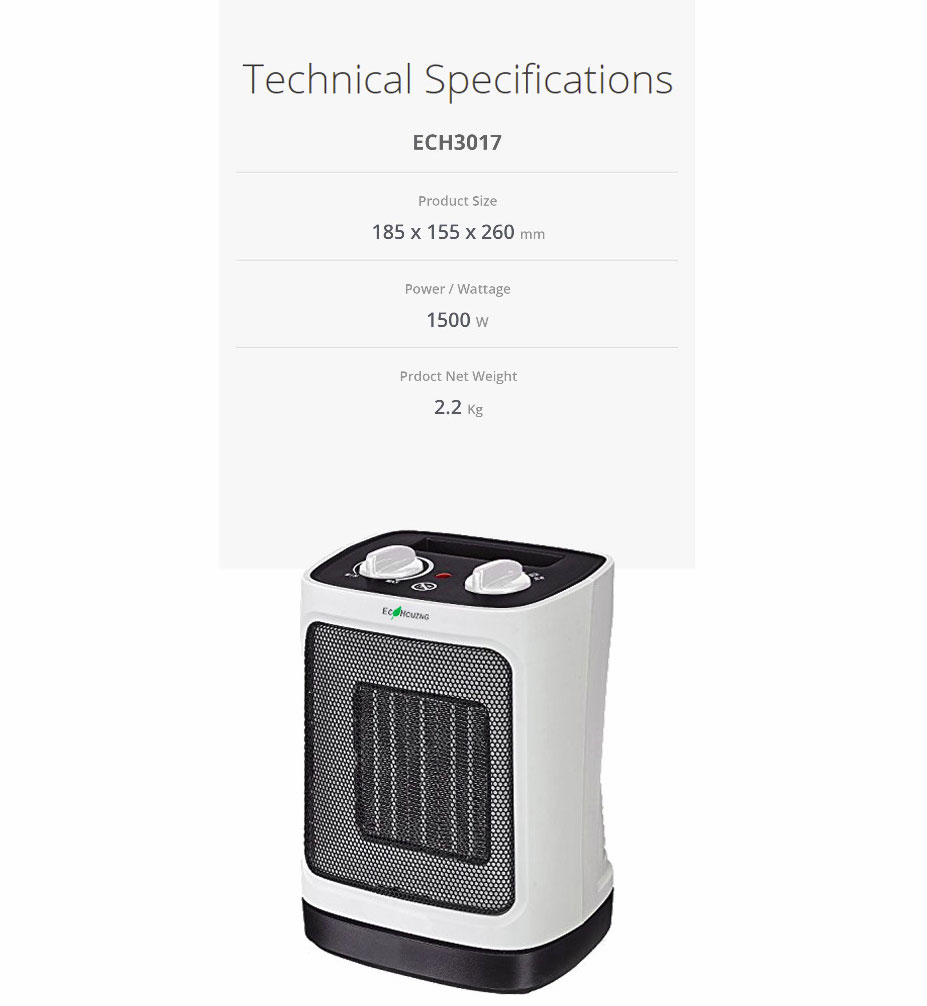  At upper part is list of technical specifications. At lower part is front right side angle view of the heater  