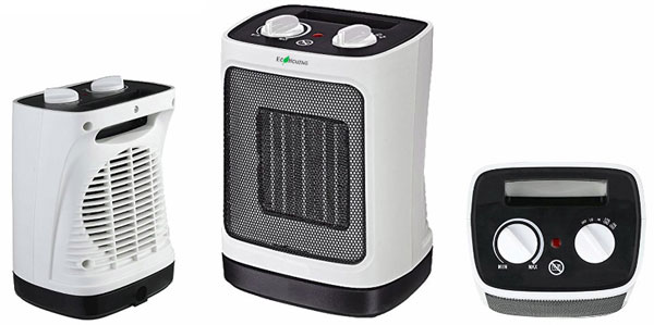  At left is the rear left side angle view of the ECH3017 heater, showing air intake grille and the handle. In the middle is the front right side angle view of the heater. At the right is top view of the heater, showing control knobs and indicator  