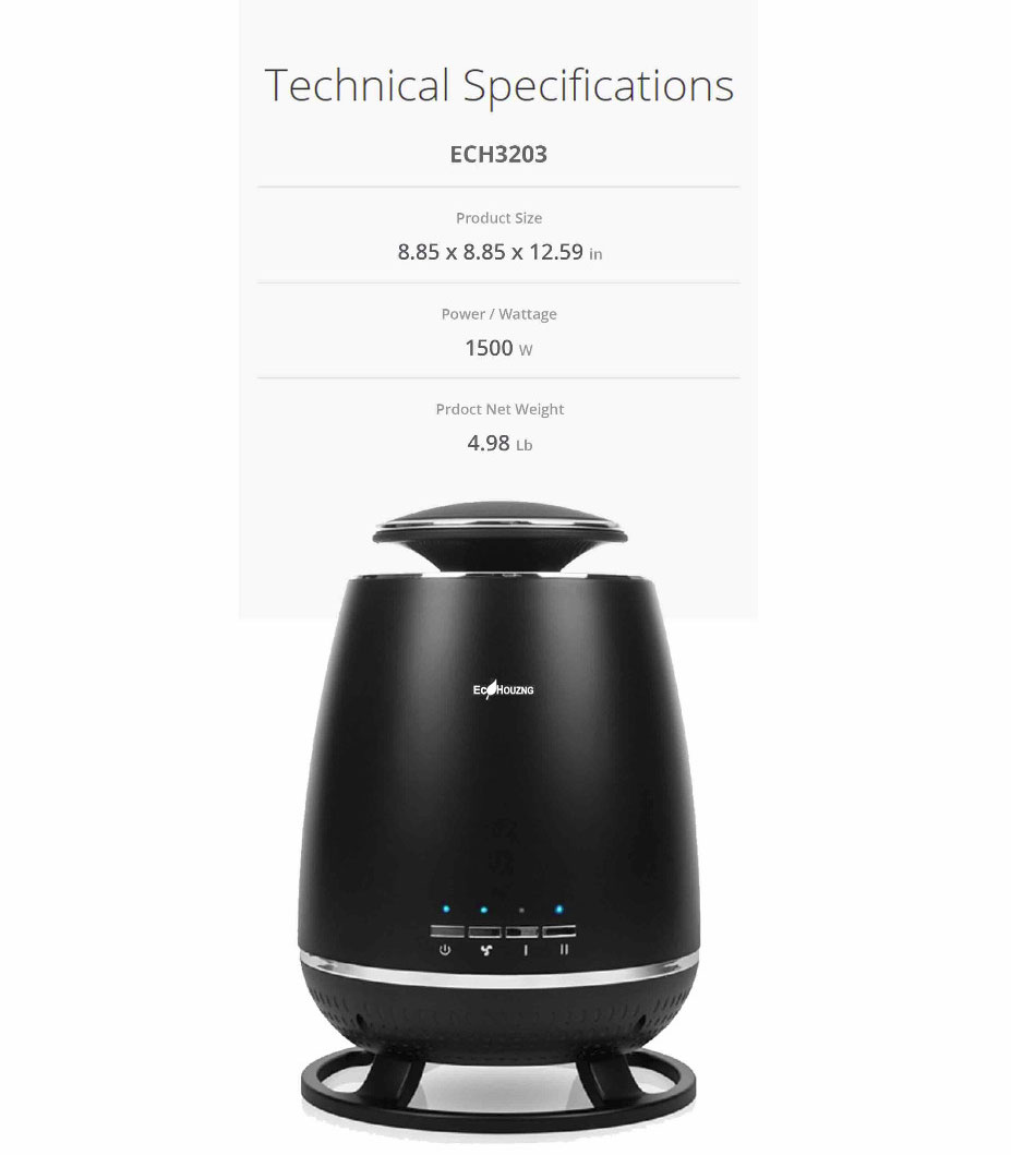 At the upper part is list of technical specification. At lower part is front view of the heater in standing position   