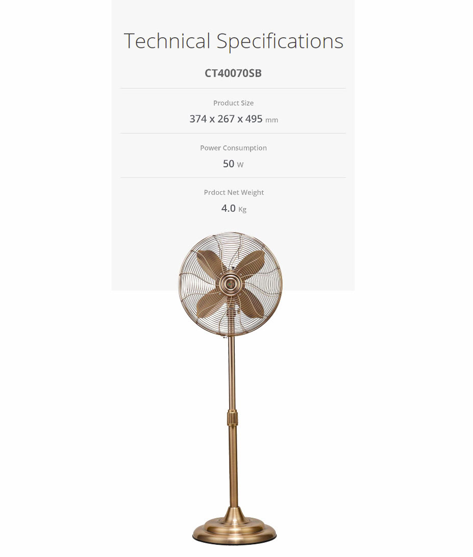 At upper part is list of technical specifications. At lower part is front view of the fan 