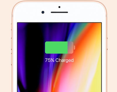 Front upper half of iPhone, with screen showing 75% battery charged   