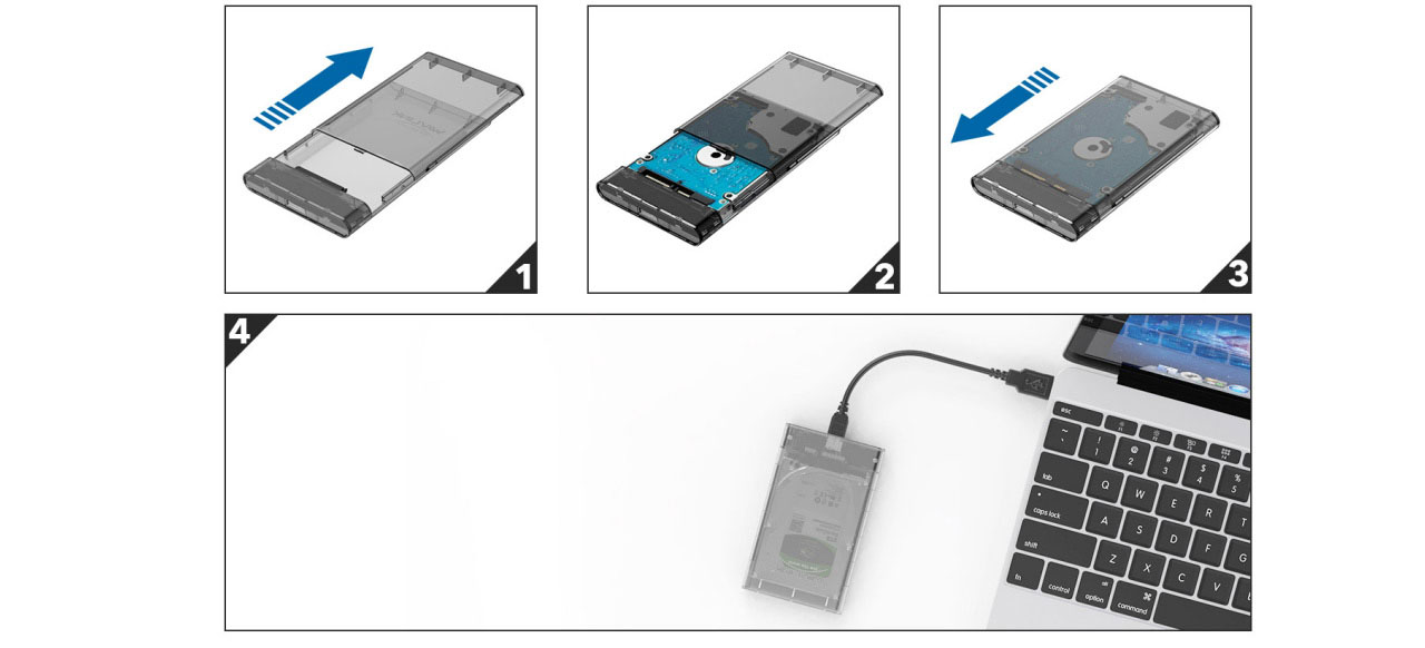 Illustration of the installation steps and demonstration of the external drive connecting to a laptop  