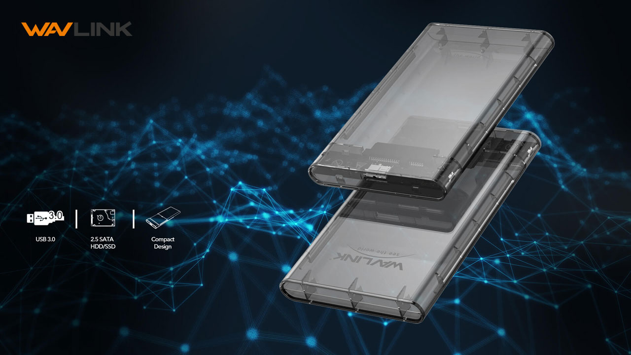  Two ST239 enclosures on display, with one front facing up and the other bottom facing up. Next to them on the left are icons and texts for USB 3.0, 2.5” SATA HDD/SSD, and compact design  