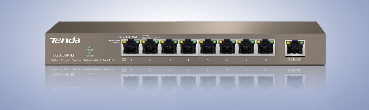   Front view of the Tenda TEG1009P-EI Switch, showing all nine ports, indicator and Tenda brand logo 