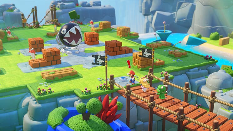 screenshot for Mario and Rabbids Kingdom Battle showing the character approaching an area with a chainchomp
