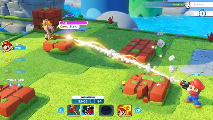 screenshot for Mario and Rabbids Kingdom Battle showing mario shooting his weapon towards an enemy rabbid