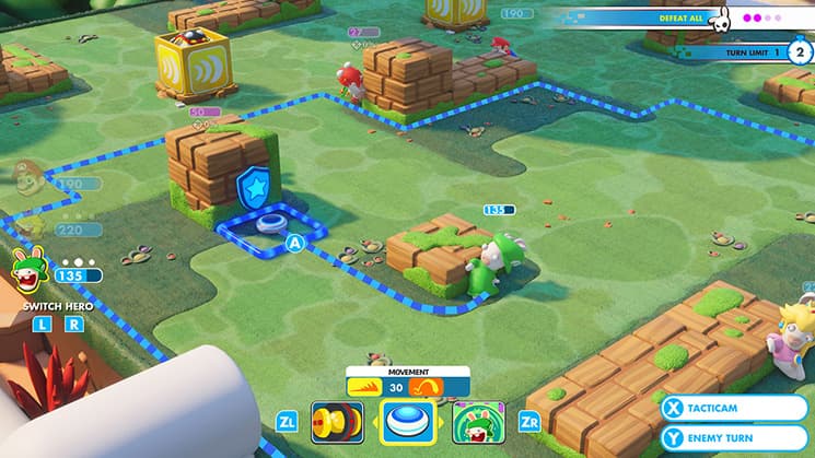 screenshot for Mario and Rabbids Kingdom Battle showing rabbid luigi getting ready to make a move