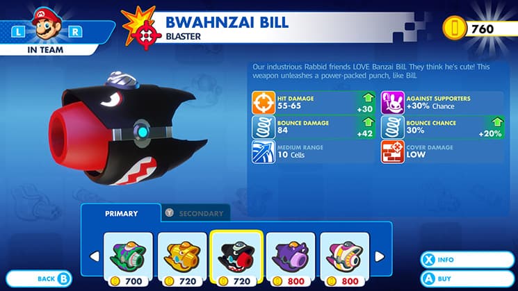 screenshot for Mario and Rabbids Kingdom Battle showing the inventory screen for the Bwahnzai Bill weapon