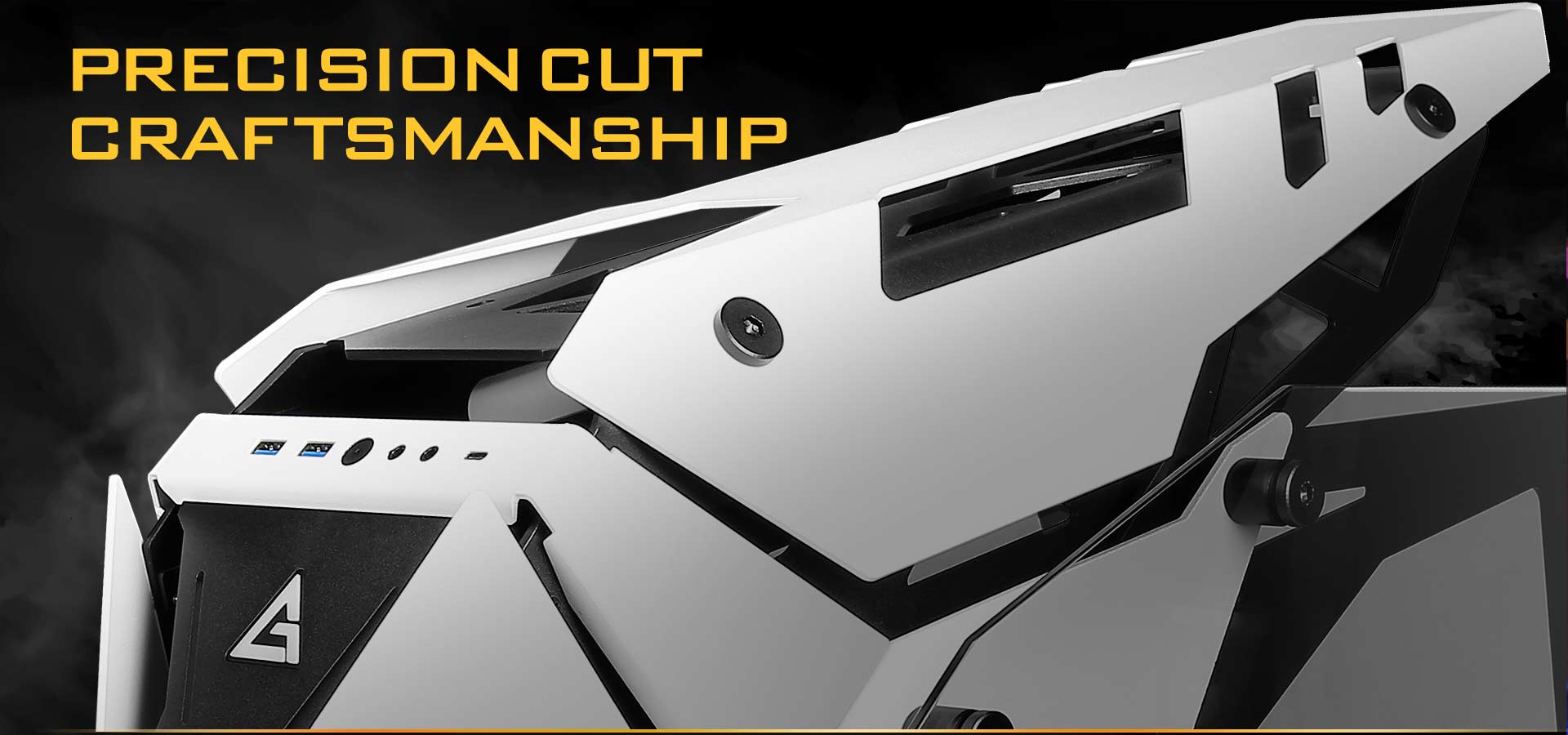 Closeup of the Top of the Antec Case, Angled to the Left. Above It Is Text That Reads: PRECISION-CUT CRAFTSMANSHIP