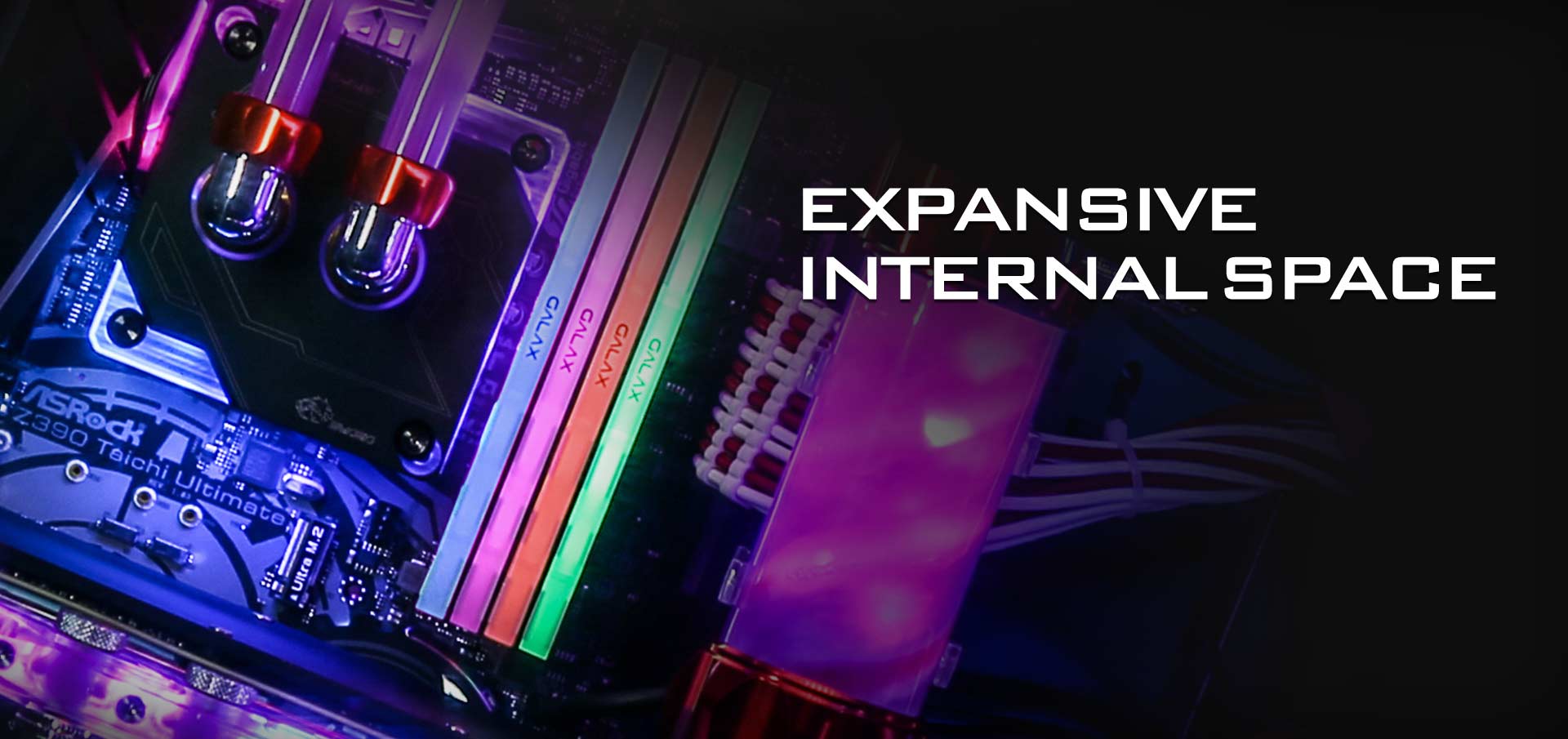 Closeup of a Water-Cooled CPU on a Motherboard Next to RGB-Lit Memory. Header Text Reads: EXPANSIVE INTERNAL SPACE