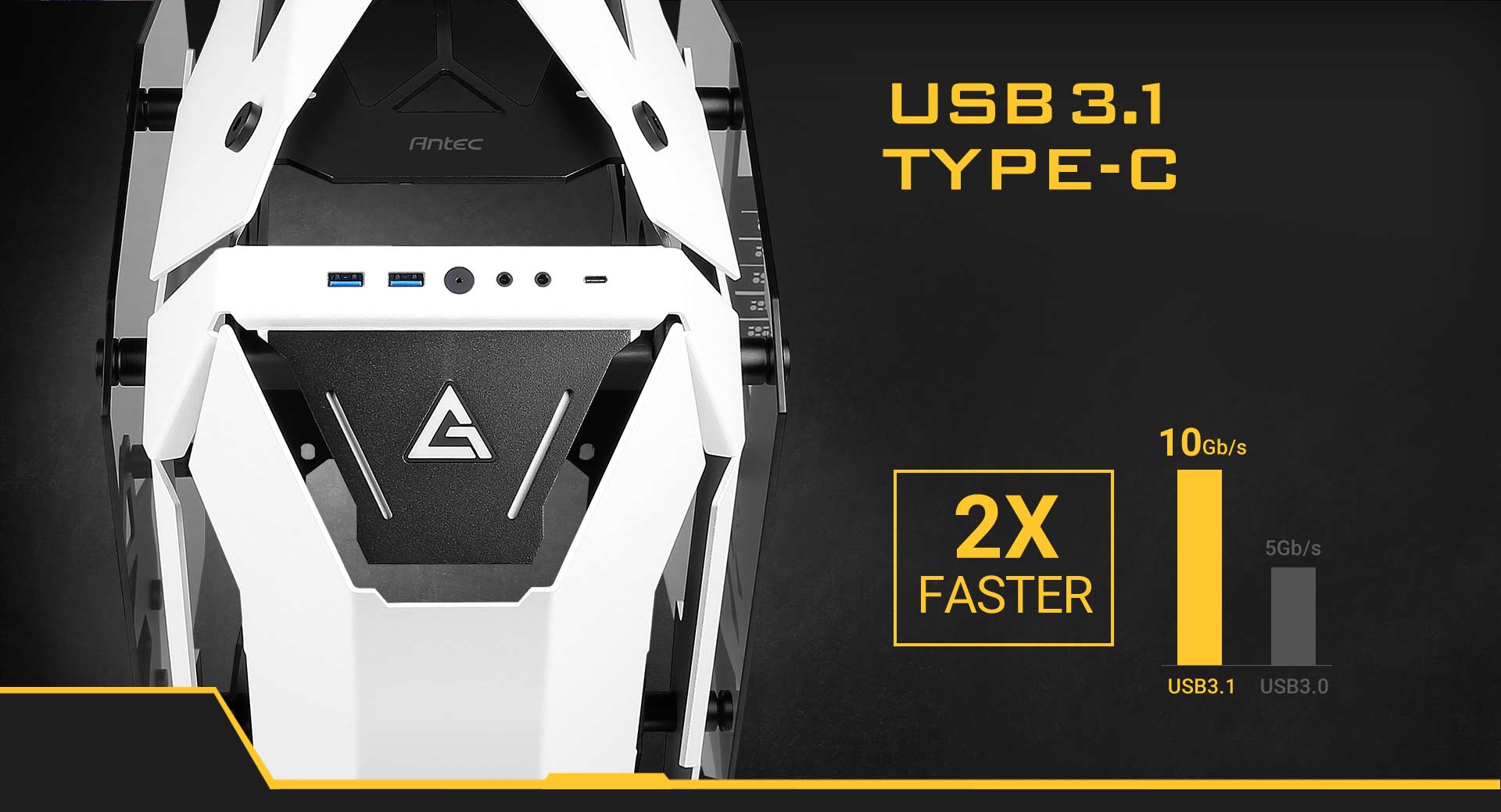 Antec Torque Closeup Facing Forward. There is text that reads: USB 3.1 TYPE-C and a Graph That Shows USB 3.1 is 2 Times Faster than USB 3.0