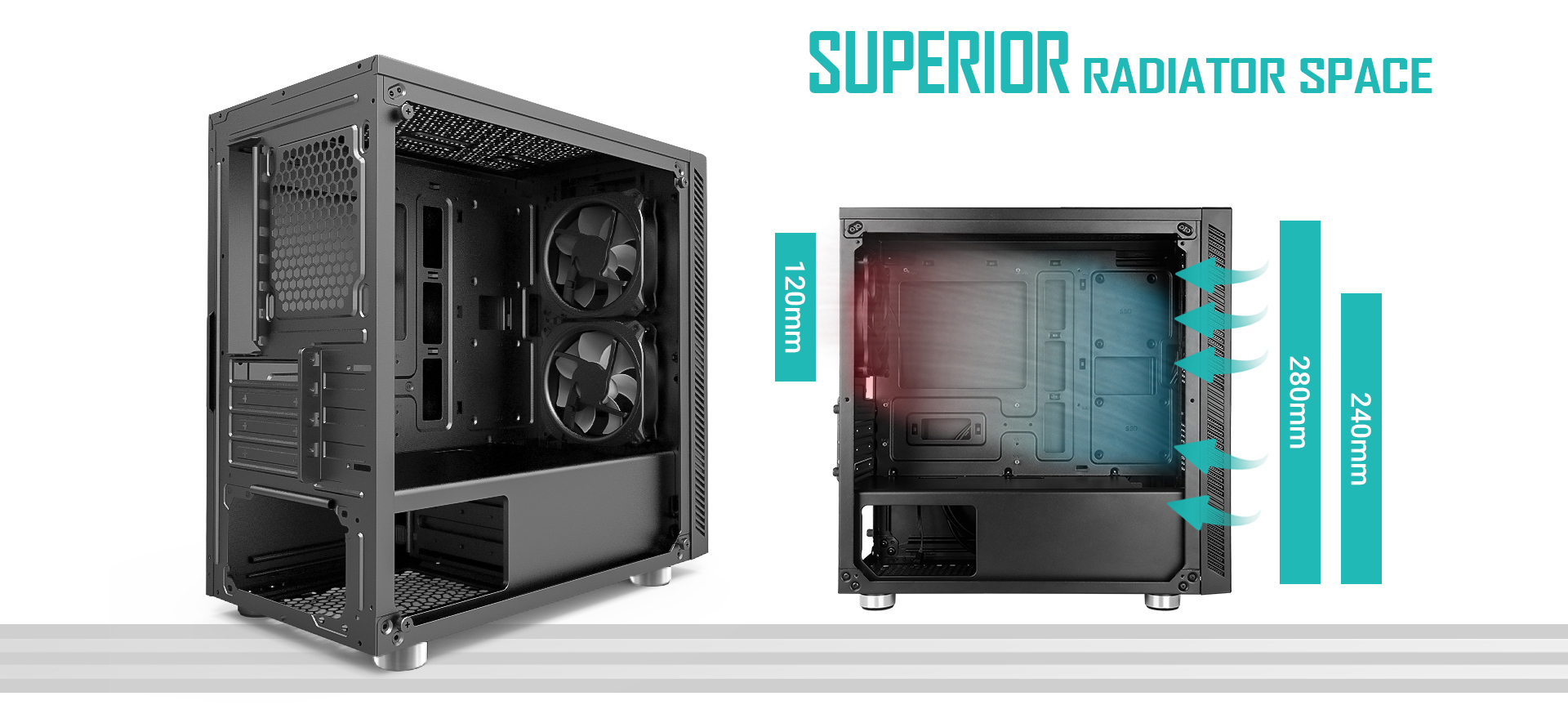 Antec Case Facing Away, Angled to the Right and another case facing to the right with text and graphics indicating: 120mm fan in rear, 280mm or 240mm radiator in front. Above the case is text that reads: SUPERIOR RADIATOR SPACE