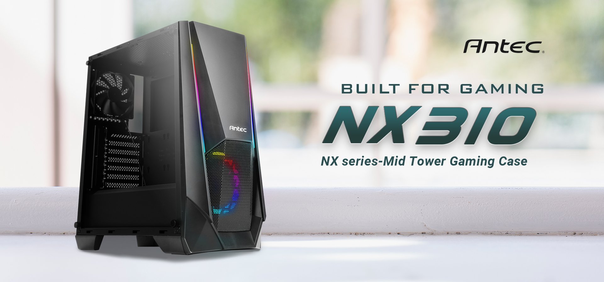 Antec logo and Antec NX Series NX310, Mid Tower ATX Gaming Case facing forward