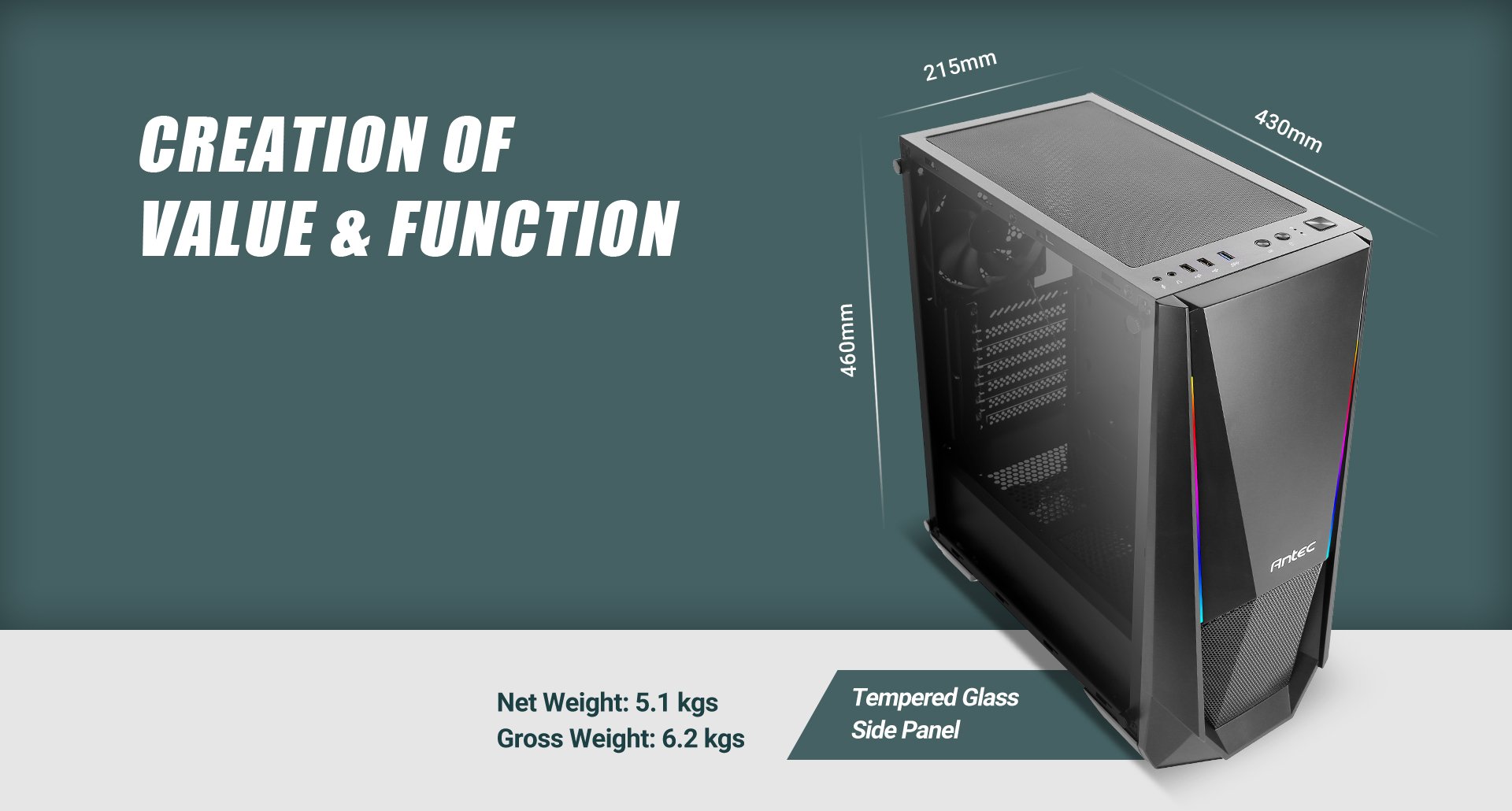 NX Series NX310 Mid Tower ATX Gaming Case Length, width and height