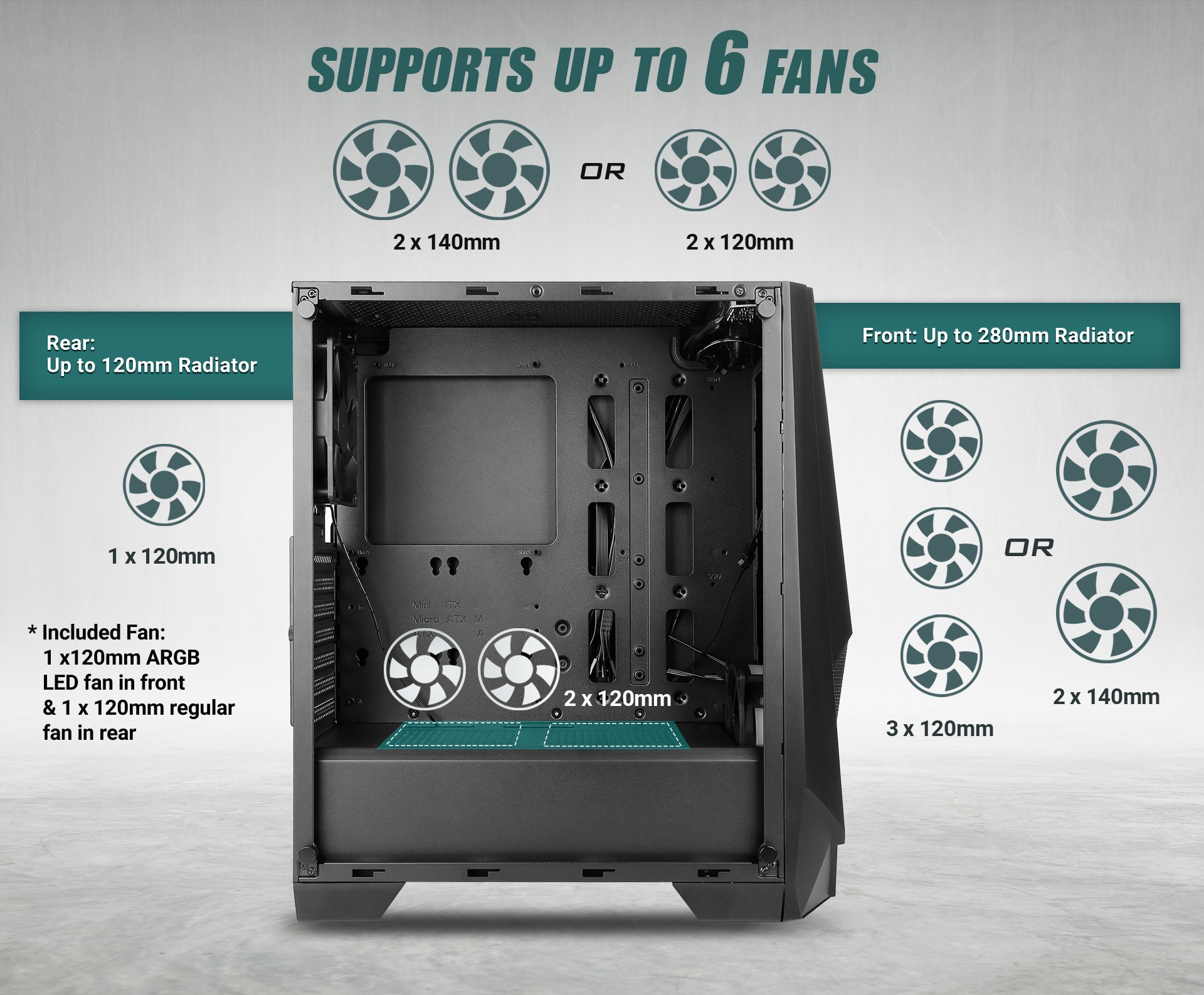 NX Series NX310 Mid Tower ATX Gaming Case supports fan specifications and installation location