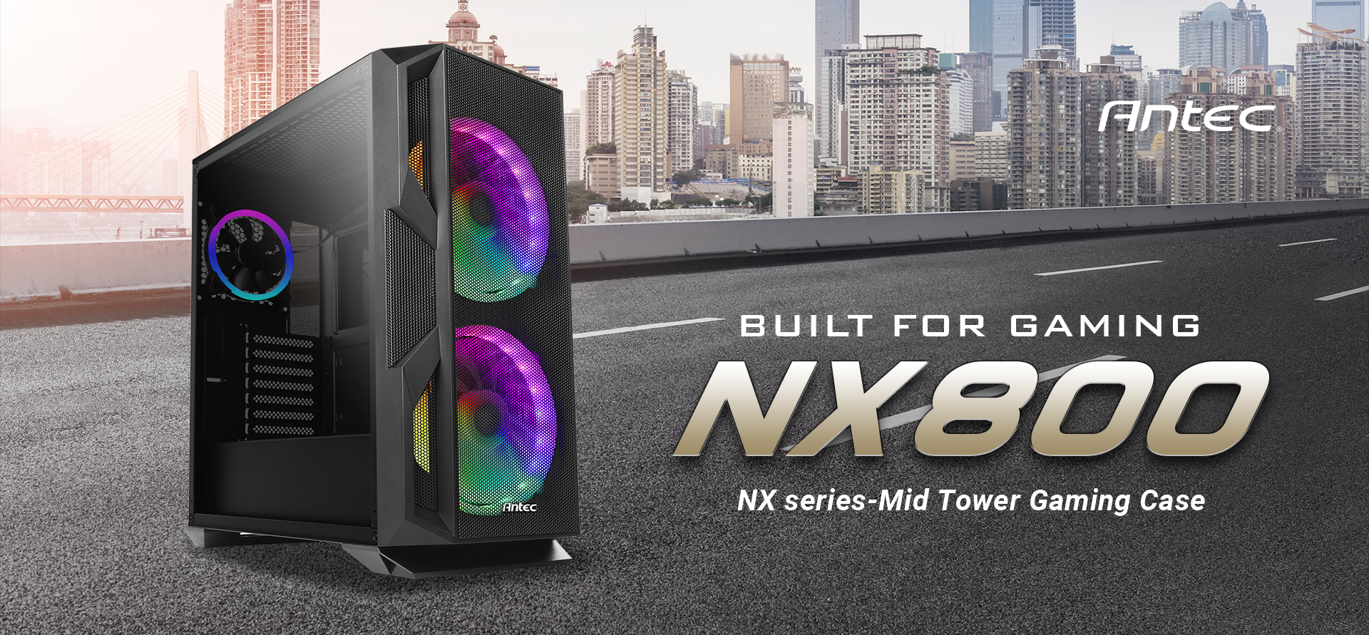 Antec logo and Antec NX800 MX series-Mid Tower Gaming Case side view
