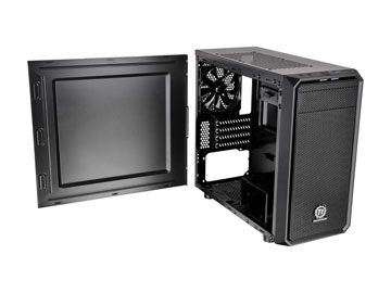 Thermaltake Versa H15 M-ATX Gaming Case Angled to the Right with Its Left Side Panel Removed to the Side, Facing Forward