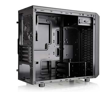 Thermaltake Versa H15 M-ATX Gaming Case Angled Away to the Right, with Its Side Panel Removed